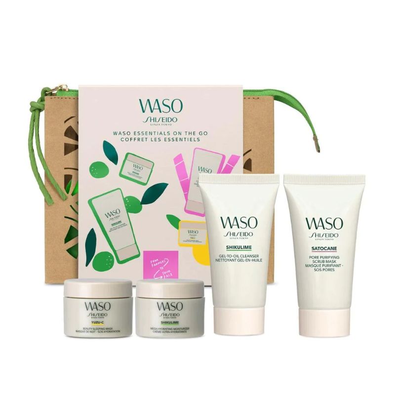 Shiseido WASO Set - Mega Hydrating Moisturizer 15 ml + Gel-To-Oil Cleanser 30 ml + Yuzu C Glow 7 ml + Sleeping Mask 15 ml +  Pore Purifying Scrub Mask 30 ml